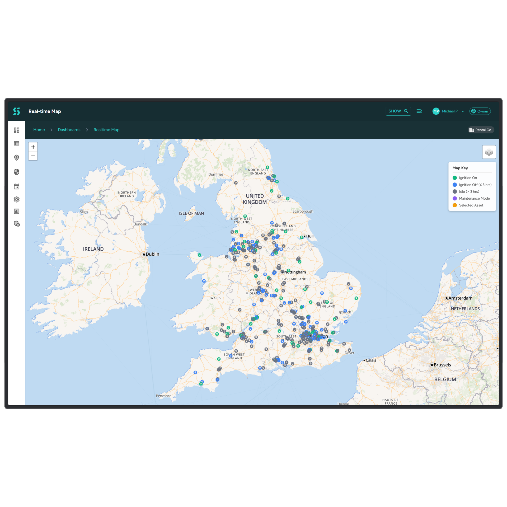 Skooa fleet tracking dashboard showing real-time vehicle positions across the UK